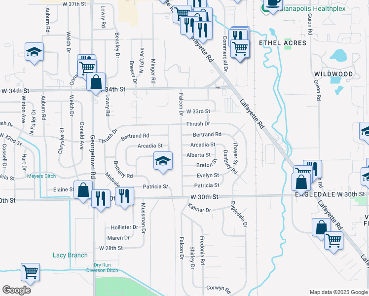 map of restaurants, bars, coffee shops, grocery stores, and more near 4138 Arcadia Street in Indianapolis