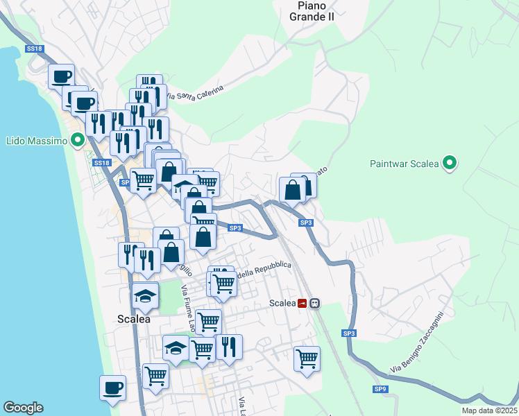map of restaurants, bars, coffee shops, grocery stores, and more near Via Tommaso Campanella in Scalea