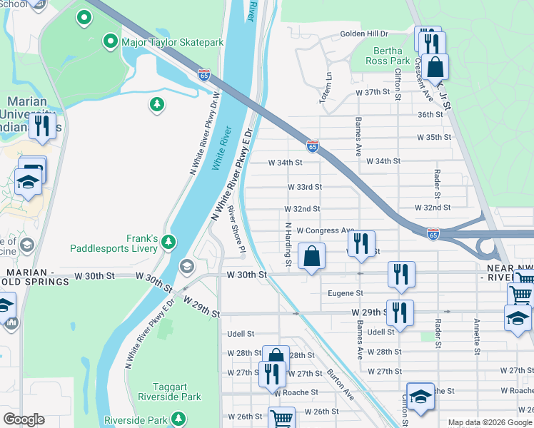map of restaurants, bars, coffee shops, grocery stores, and more near 1435 West 32nd Street in Indianapolis