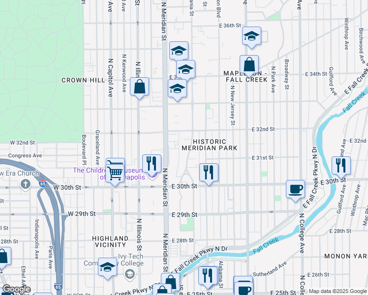 map of restaurants, bars, coffee shops, grocery stores, and more near 3128 North Pennsylvania Street in Indianapolis