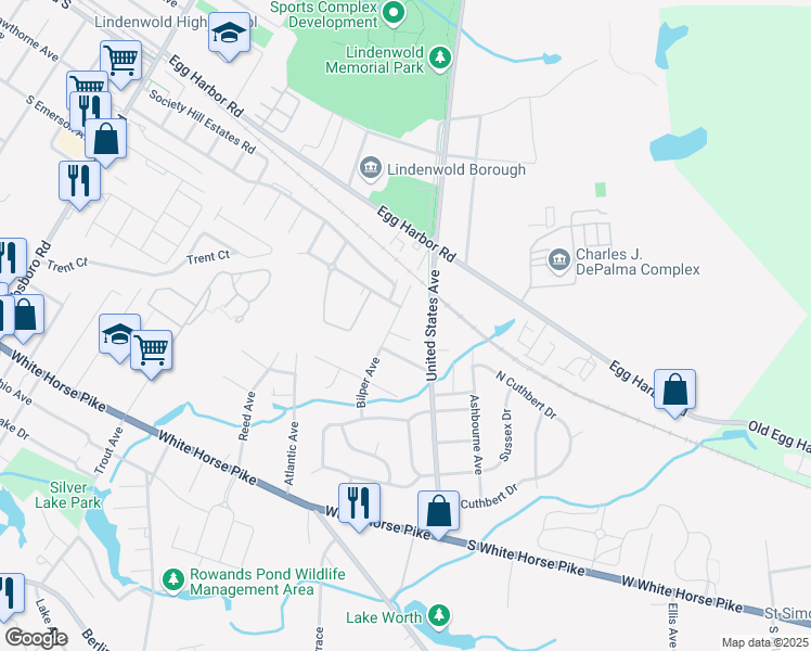 map of restaurants, bars, coffee shops, grocery stores, and more near 555 Bilper Avenue in Lindenwold