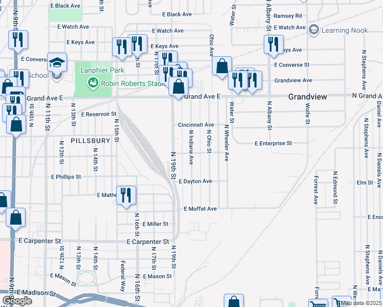 map of restaurants, bars, coffee shops, grocery stores, and more near 998 North Indiana Avenue in Springfield