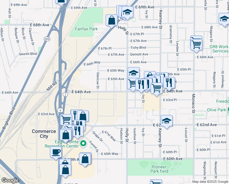 map of restaurants, bars, coffee shops, grocery stores, and more near 6401 Hudson Street in Commerce City