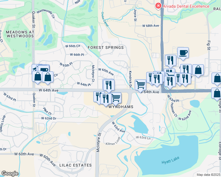 map of restaurants, bars, coffee shops, grocery stores, and more near 15456 West 64th Avenue in Arvada
