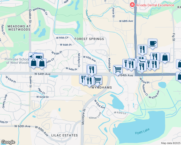 map of restaurants, bars, coffee shops, grocery stores, and more near 15456 West 64th Avenue in Arvada
