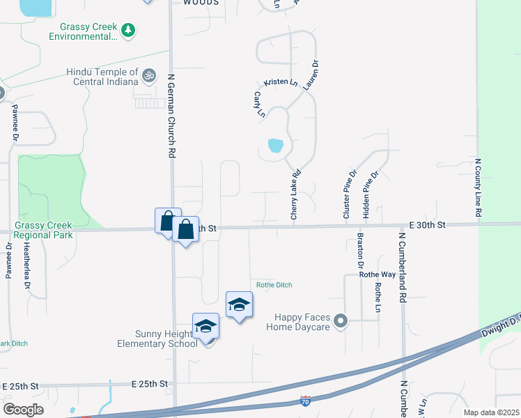 map of restaurants, bars, coffee shops, grocery stores, and more near 3036 Redskin Drive in Indianapolis