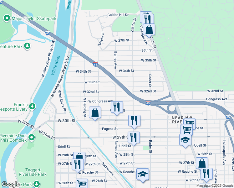 map of restaurants, bars, coffee shops, grocery stores, and more near 1151 West 32nd Street in Indianapolis