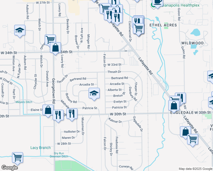 map of restaurants, bars, coffee shops, grocery stores, and more near 4138 Arcadia Street in Indianapolis