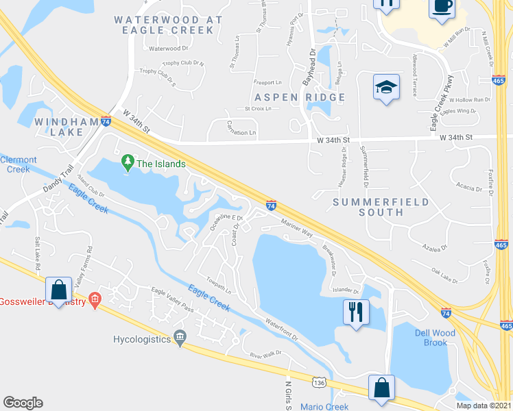 map of restaurants, bars, coffee shops, grocery stores, and more near 3047 Coast Drive in Indianapolis