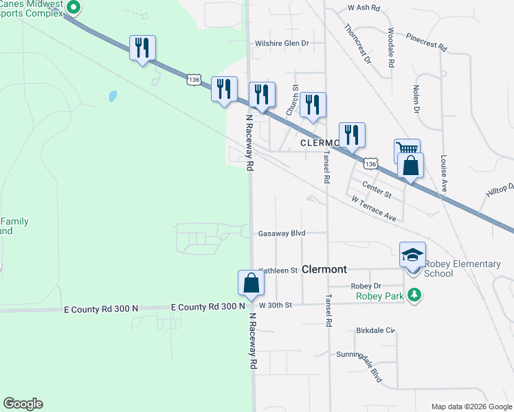 map of restaurants, bars, coffee shops, grocery stores, and more near 3253 North Raceway Road in Indianapolis
