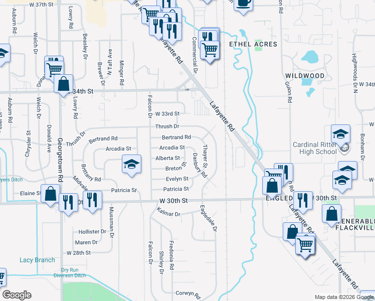 map of restaurants, bars, coffee shops, grocery stores, and more near 4001 Breton Street in Indianapolis