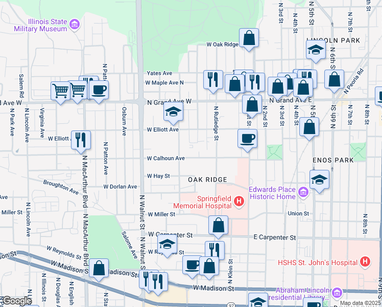 map of restaurants, bars, coffee shops, grocery stores, and more near 409 West Calhoun Avenue in Springfield