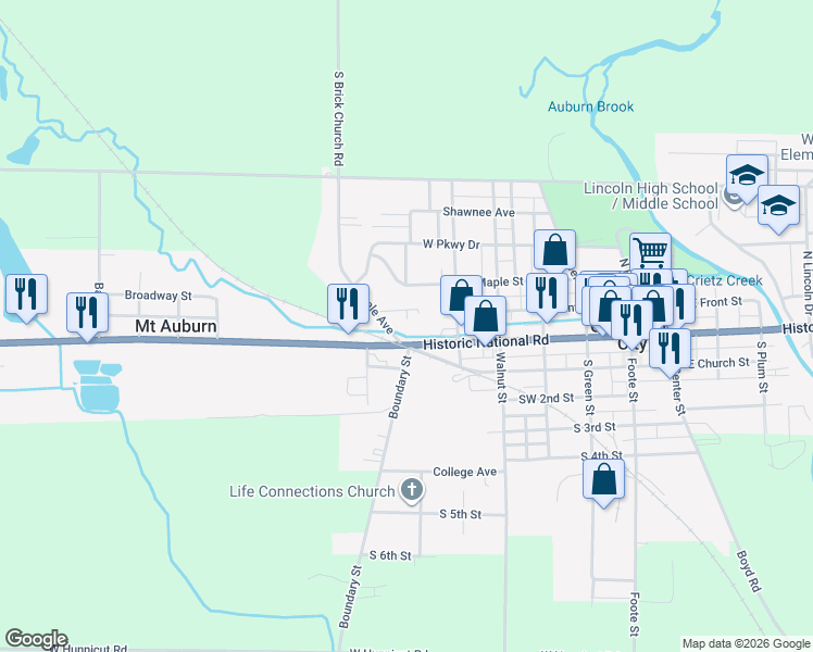 map of restaurants, bars, coffee shops, grocery stores, and more near 539 West Main Street in Cambridge City