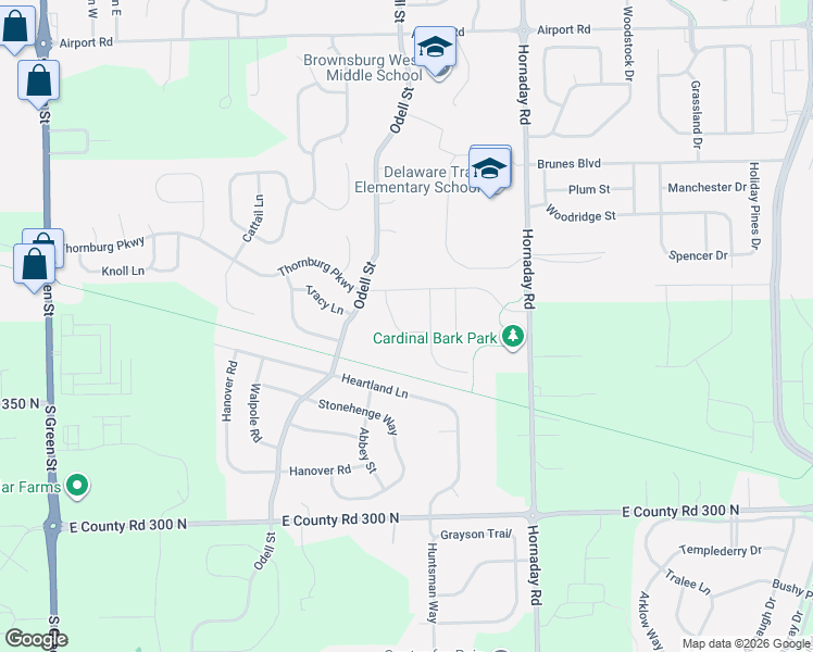 map of restaurants, bars, coffee shops, grocery stores, and more near 2051 Milburn Drive in Brownsburg