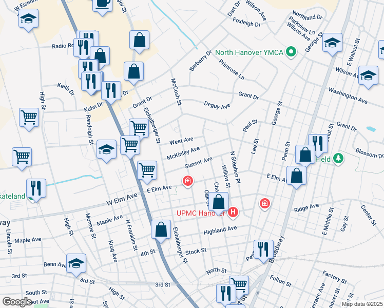 map of restaurants, bars, coffee shops, grocery stores, and more near 207 McKinley Avenue in Hanover