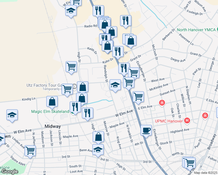 map of restaurants, bars, coffee shops, grocery stores, and more near 801 Randolph Street in Hanover
