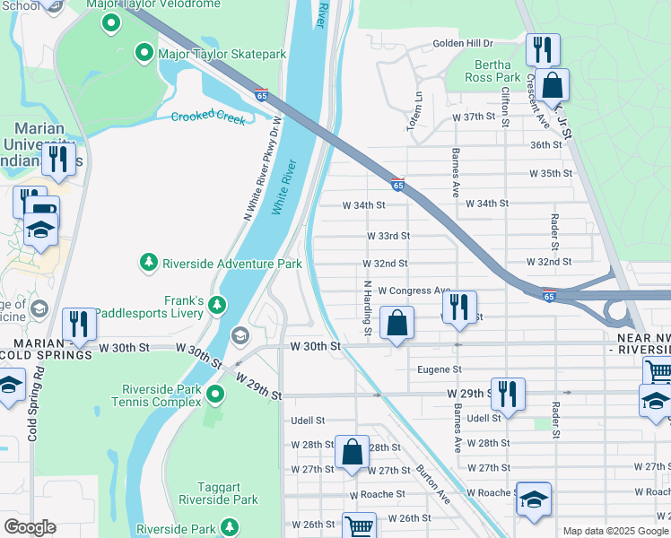 map of restaurants, bars, coffee shops, grocery stores, and more near 1443 West 32nd Street in Indianapolis
