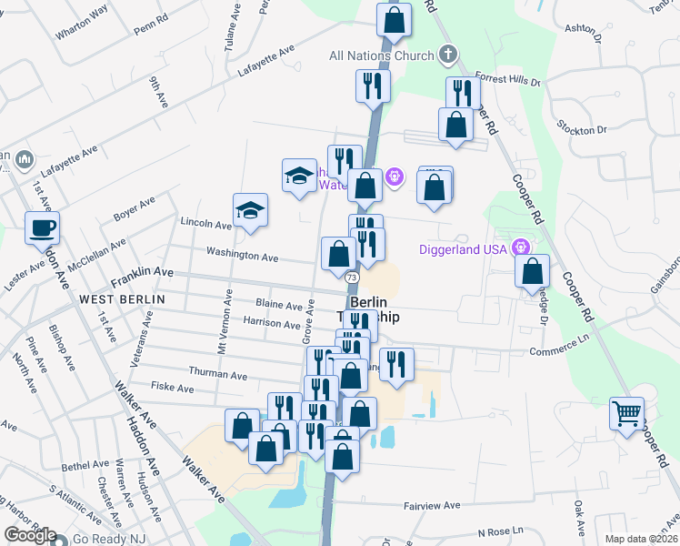 map of restaurants, bars, coffee shops, grocery stores, and more near 408 New Jersey 73 in Berlin Township