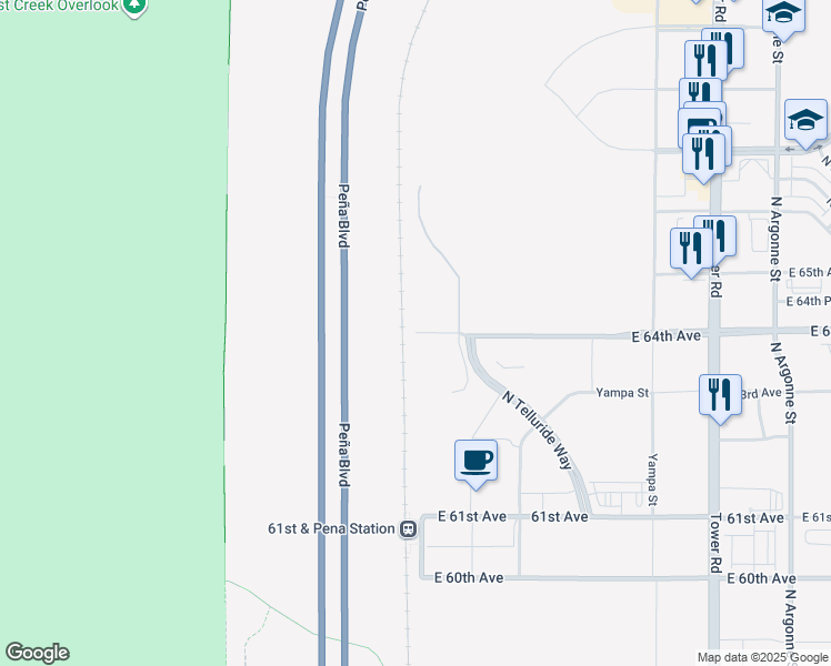 map of restaurants, bars, coffee shops, grocery stores, and more near 17383 East 64th Avenue in Denver