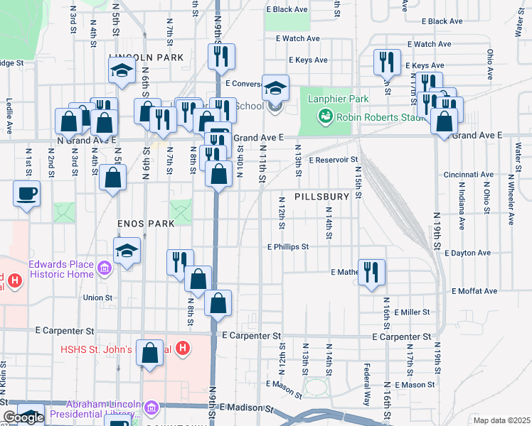 map of restaurants, bars, coffee shops, grocery stores, and more near 1004 North 11th Street in Springfield