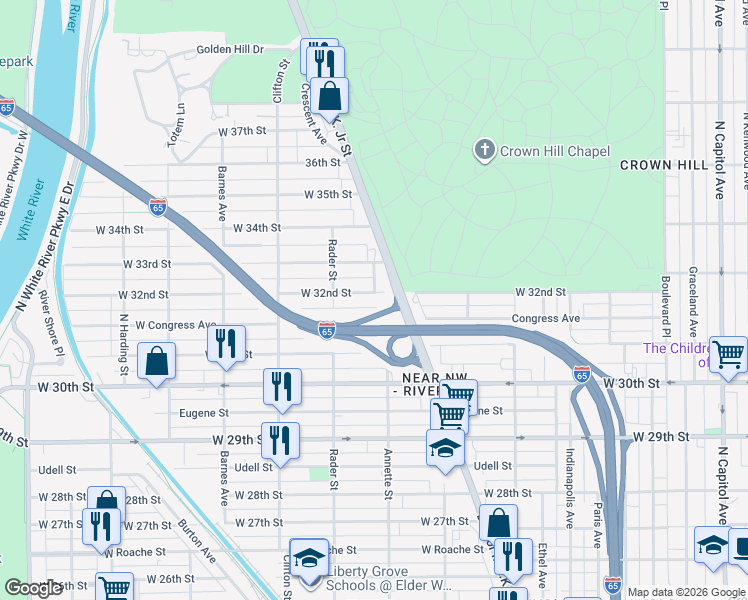 map of restaurants, bars, coffee shops, grocery stores, and more near 927 West 32nd Street in Indianapolis