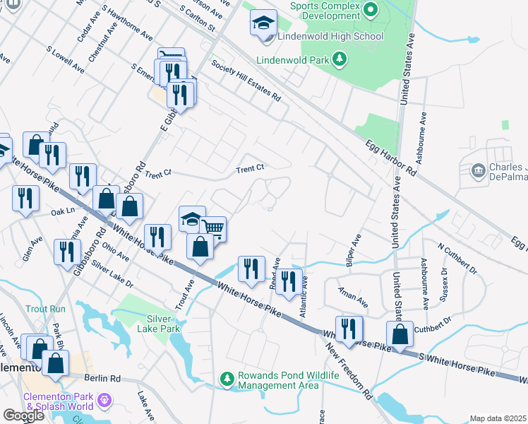 map of restaurants, bars, coffee shops, grocery stores, and more near 18 Coventry Court in Clementon