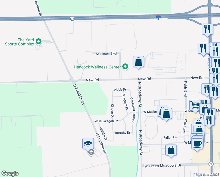 map of restaurants, bars, coffee shops, grocery stores, and more near 1930 Kingen Drive in Greenfield