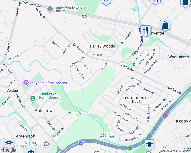 map of restaurants, bars, coffee shops, grocery stores, and more near 8 South Trail in Wilmington