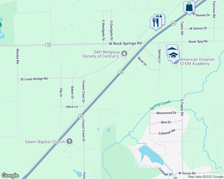 map of restaurants, bars, coffee shops, grocery stores, and more near 2650 South Taylorville Road in Decatur