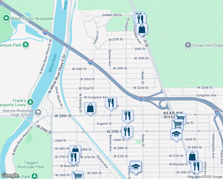 map of restaurants, bars, coffee shops, grocery stores, and more near 1155 West 32nd Street in Indianapolis