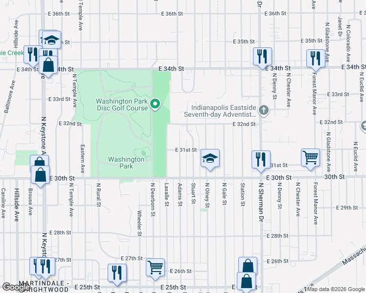 map of restaurants, bars, coffee shops, grocery stores, and more near 3110 Stuart Street in Indianapolis