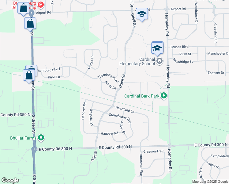 map of restaurants, bars, coffee shops, grocery stores, and more near 2040 Odell Street in Brownsburg