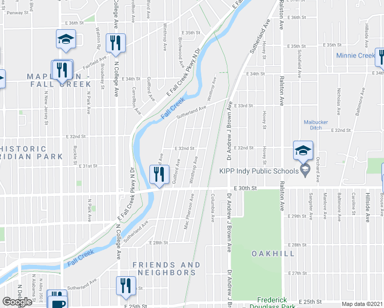 map of restaurants, bars, coffee shops, grocery stores, and more near 3136 Winthrop Avenue in Indianapolis