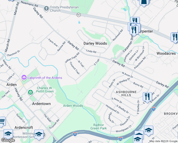 map of restaurants, bars, coffee shops, grocery stores, and more near 8 South Trail in Wilmington