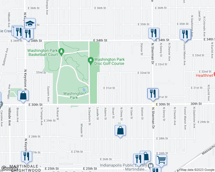 map of restaurants, bars, coffee shops, grocery stores, and more near 3110 Stuart Street in Indianapolis