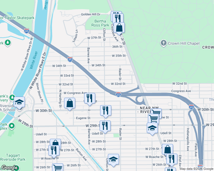 map of restaurants, bars, coffee shops, grocery stores, and more near 1033 West 32nd Street in Indianapolis