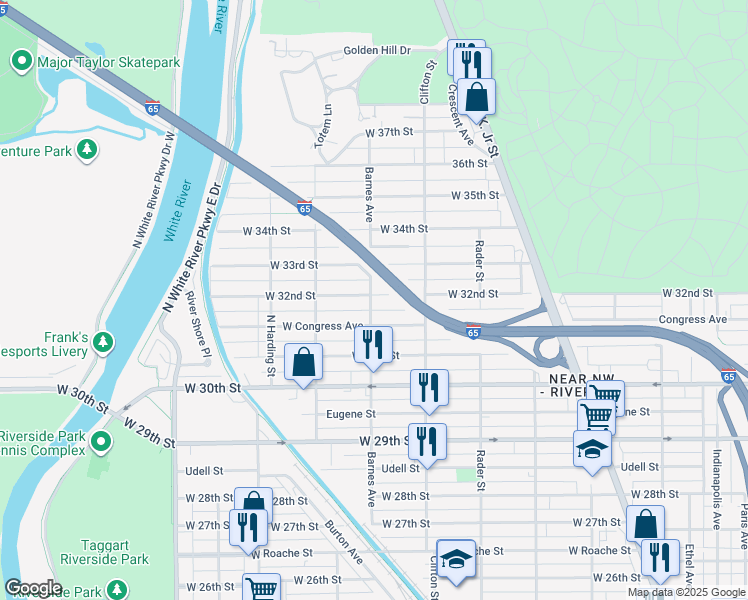 map of restaurants, bars, coffee shops, grocery stores, and more near 1155 West 32nd Street in Indianapolis