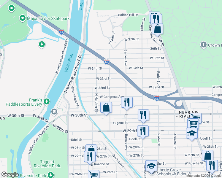 map of restaurants, bars, coffee shops, grocery stores, and more near 1308 West 32nd Street in Indianapolis