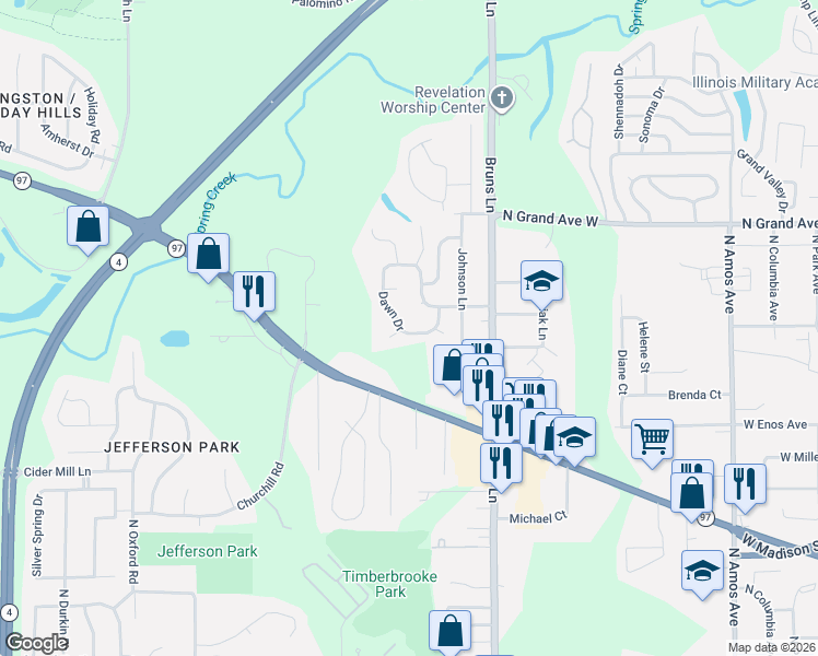 map of restaurants, bars, coffee shops, grocery stores, and more near 62-116 Dawn Drive in Springfield