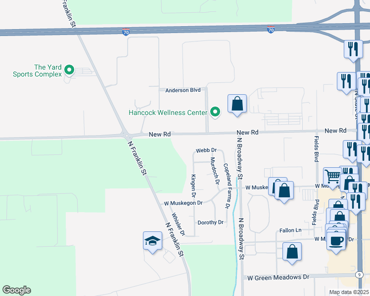 map of restaurants, bars, coffee shops, grocery stores, and more near 1930 Kingen Drive in Greenfield
