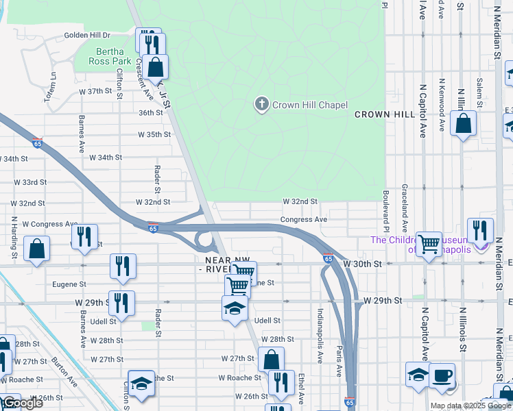 map of restaurants, bars, coffee shops, grocery stores, and more near 651 West 32nd Street in Indianapolis