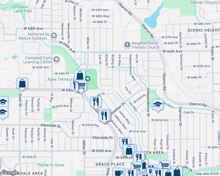 map of restaurants, bars, coffee shops, grocery stores, and more near 10100 West 64th Avenue in Arvada