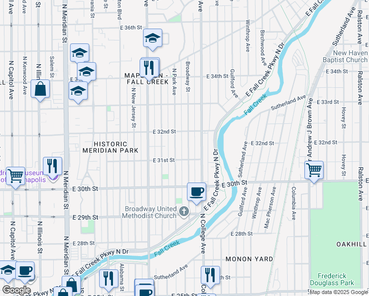 map of restaurants, bars, coffee shops, grocery stores, and more near 3126 Broadway Street in Indianapolis