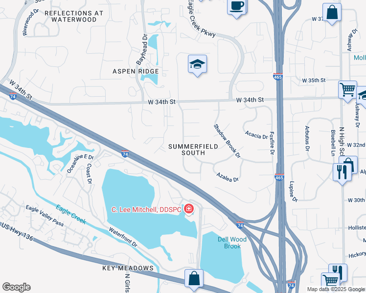 map of restaurants, bars, coffee shops, grocery stores, and more near 3206 Summerfield Dr in Indianapolis