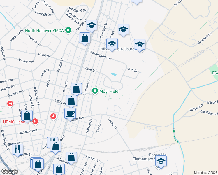 map of restaurants, bars, coffee shops, grocery stores, and more near 817 Grant Drive in Hanover