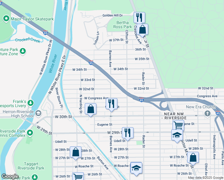 map of restaurants, bars, coffee shops, grocery stores, and more near 1151 West 32nd Street in Indianapolis