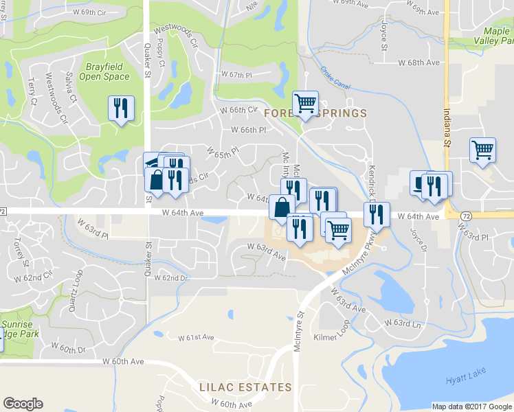 map of restaurants, bars, coffee shops, grocery stores, and more near 15830 West 64th Place in Arvada
