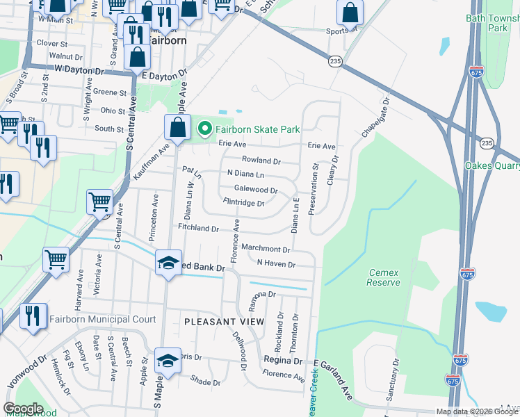 map of restaurants, bars, coffee shops, grocery stores, and more near 829 Flintridge Drive in Fairborn