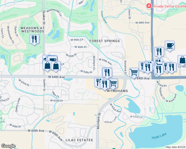 map of restaurants, bars, coffee shops, grocery stores, and more near 6436 Mc Intyre Ct in Arvada
