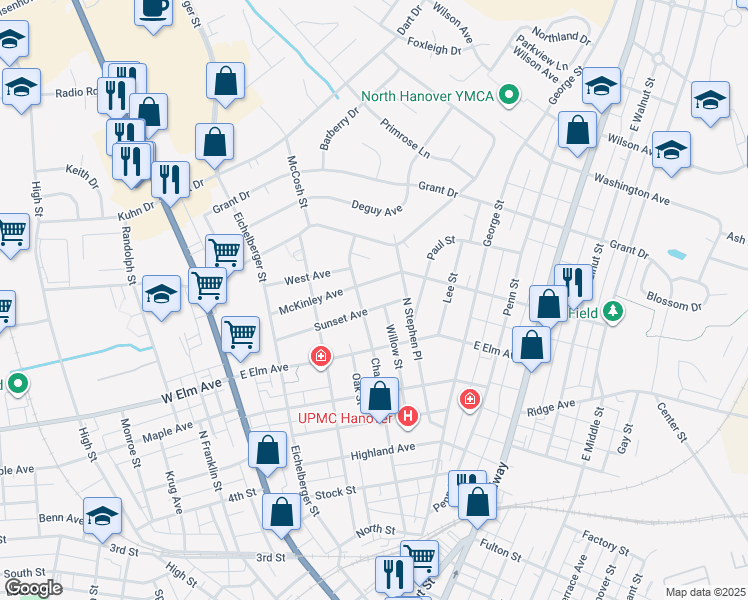 map of restaurants, bars, coffee shops, grocery stores, and more near 258 Sunset Avenue in Hanover